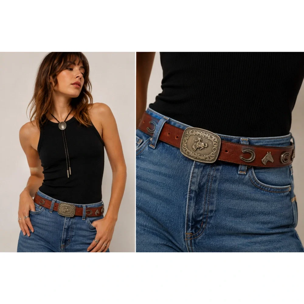 Vintage Western Brown Leather Horse Buckle Belt Sz 26 Rodeo Cowboy Cowgirl Ranch